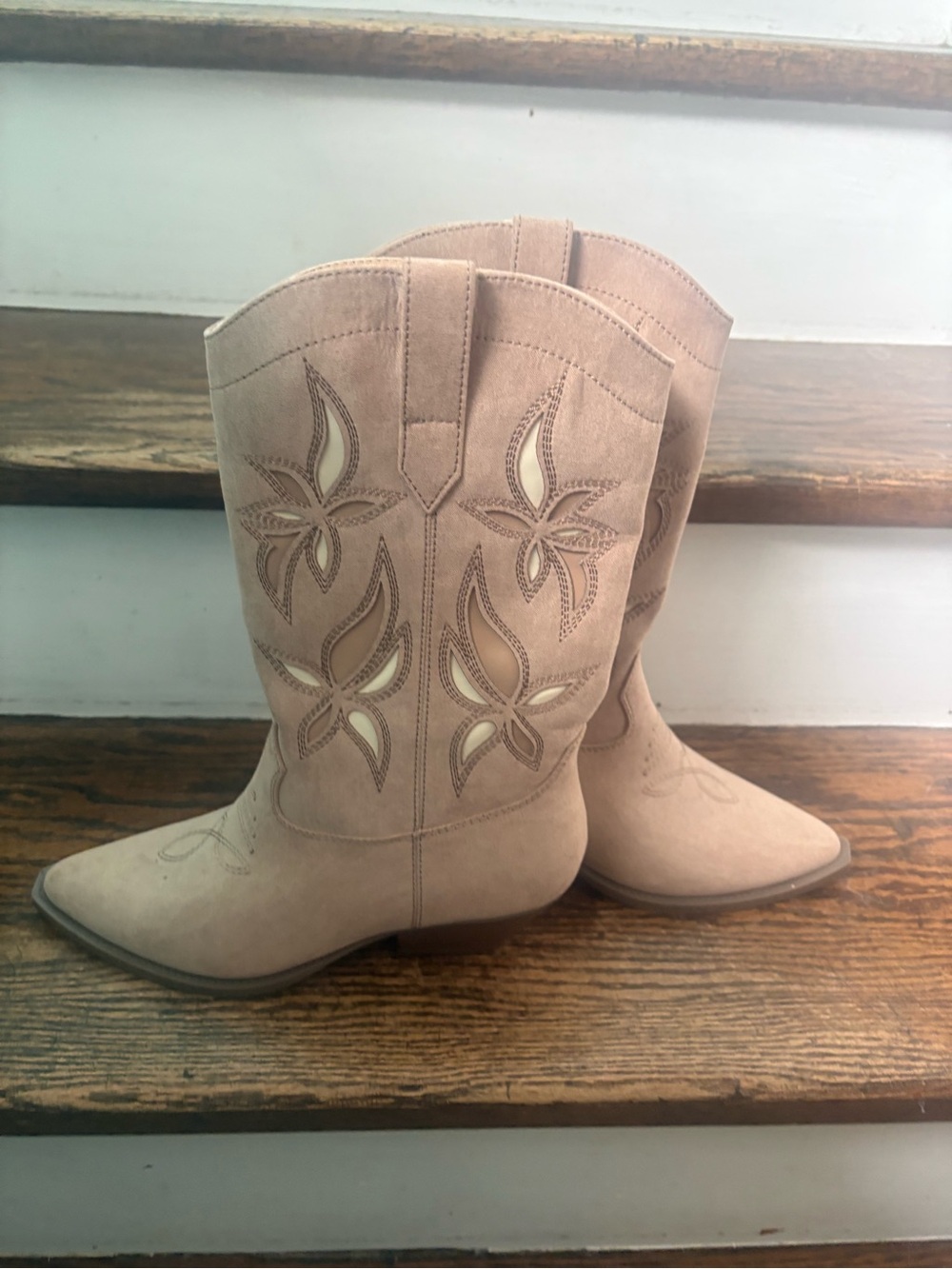 JustFab Beige Embroidered Mid-Calf Lace-Up Western Boots